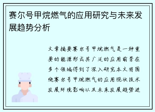 赛尔号甲烷燃气的应用研究与未来发展趋势分析